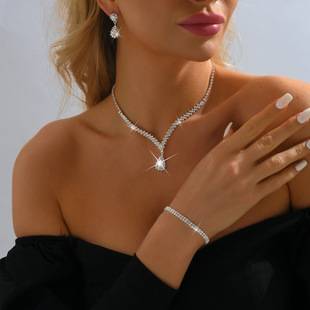 New Jewelry Wholesale metal diamond necklace earrings two-piece wedding bridal jewelry suit combination