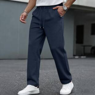 Amazon cross-border men's new large checkered drawstring casual pants, lightweight, breathable, comfortable straight-leg pocket trousers