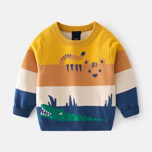 Tengyun Pigeon Children's Clothing European and American Style Boys Double Layer Sweater 2025 Autumn New Baby Abstract Cartoon Jacquard Sweater