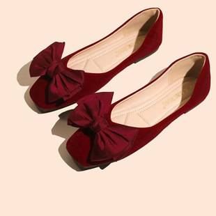 Bow Wedding Shoes, Women's Flats Bridal Shoes, Red Xiuhe Clothing Shoes That Are Not Tiring for Feet, Flats-Heeled Maternity Shoes, Large Size Women's Shoes