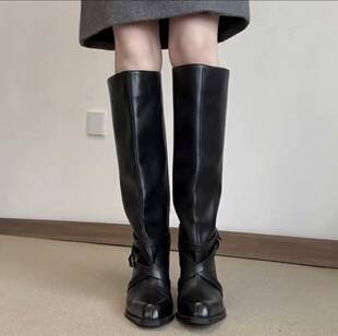 Sheepskin in stock~New square-toe long boots for women, featuring a unique design with straps, a retro style, and a slimming effect