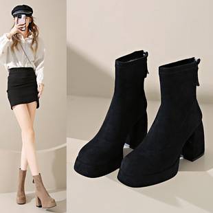 New Suede Thick Bottom High Heel Martin Boots Women's Fashionable Rear Zipper Suede Martin Boots Women's Fashionable High Heel Cloth Boots