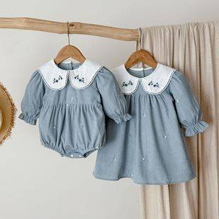 Korean Style Girls' Dress for Spring and Autumn with Embroidered Collar, Long Sleeves, Baby Romper, Cute Dress for Baby Girls