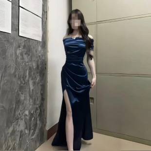 New Navy Blue Sparkling Long Dress with Elegant Square Neckline, Waist-Cinching Design, and Slimming Effect, Suitable for Everyday Wear