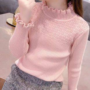 Girls' Base Sweater Autumn and Winter Thickened Half-turtleneck Turtleneck Baby Girl's Sweater Western-style Wood-ear Long-sleeved Top