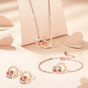 Double ring Roman digital inlaid zircon jewelry suit fashion stainless steel bracelet bridal earrings Jewelry necklace three pieces