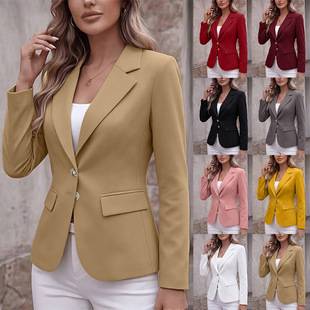 Cross-Border Autumn New European and American Women's Fashion Slim-Fit Waist-Cinching Blazer Solid Color Two-Button Long-Sleeve Suit Jacket