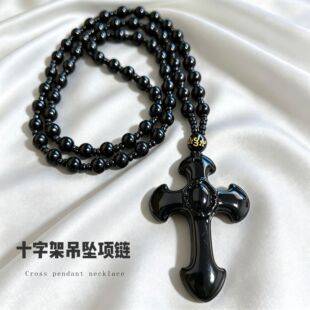 Obsidian Cross Necklace Jade Pendant for Men and Women, Couple's Accessory, Long Sweater Chain, Cross-Border Supply