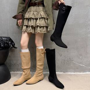 Pointed Toe Stacked Boots for Women, New Large Size, Wide Shaft Long Boots for Plus Size Women, Thick Leg Riding Boots, Western Cowboy Boots, Size 41
