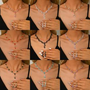 European and American Suit Bride Retro Versatile Flower Alloy Rhinestone Wedding Necklace Earrings Wedding Jewelry Banquet Ladies