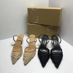 ZA Embroidered Mesh High Heels New Women's Shoes Cross-Border Stiletto Open-Toe White Stylish Wedding Sandals for Foreign Trade