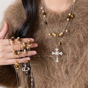 Luxurious Feel: Empress of the West Cross Tiger Eye Stone Pearl Necklace for Women, Light Luxury High-End Sweater Chain Accessory