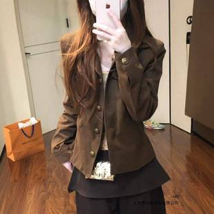 Brown collared work jacket for women, new early autumn style, short and elegant American-style jacket with a cinched waist