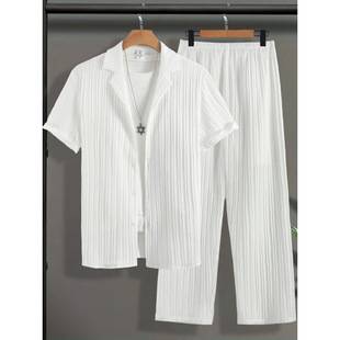 Conjuess Men's Suit Set Summer Thin Short-Sleeved Shirt Casual Pants Two-Piece Set Light Luxury and High-End Feel