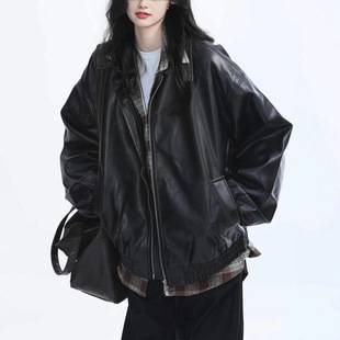 American Retro Black Leather Jacket for Women Autum 2025 New Hong Kong Style Small Pu Leather Jacket Motorcycle Top
