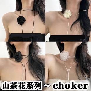 Black and White Flower Necklace Chain Rose Choker Neck Necklace Necklace Women's Neck Collar Camellia Flower Clavicle Chain