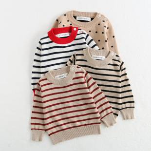 Korean Style Baby Knitted Sweater Boy and Girl Baby Round Neck Western Style Striped Wave Dot Base Shirt Newborn Cotton Top