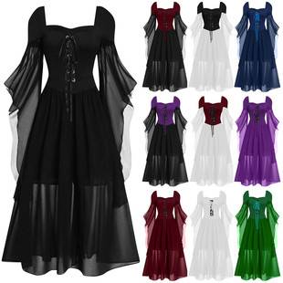 2026 Amazon Aliexpress Halloween New Style Witch-Style Long Dress with Straps and Large Hem, Available in 10 Colors, Large Quantities in Stock