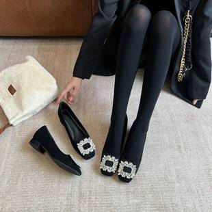 Black High-Heeled Shoes for Women, 2026 Spring and Autumn New Thick Black Aesthetic Square-Toed Rhinestone Women's Shoes, Shallow Mouth Professional Chunky Heel Single Shoes