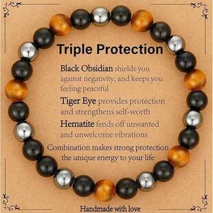 Cross-Border Popular Obsidian Magnet Tiger Eye Flat Knot Braided Adjustable Bracelet Tiger Eye Stone Triple Protection Bracelet for Women