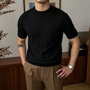Popular Men's Solid Color Slim-Fit Sweater, Round Neck, Casual Versatile New Couple's Knit Top, Short-Sleeve Knitwear