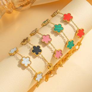 Titanium Steel Lucky Clover Five-Leaf Flower Bracelet for Women, Five-Leaf Clover Light Luxury High-End Feel 18K Waterproof Stainless Steel Jewelry