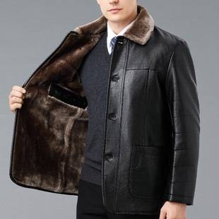 Winter Fleece-Lined Thick Genuine Leather Jacket for Men, Casual Leather and Fur Integrated Button-Up Jacket for Middle-Aged and Elderly Men