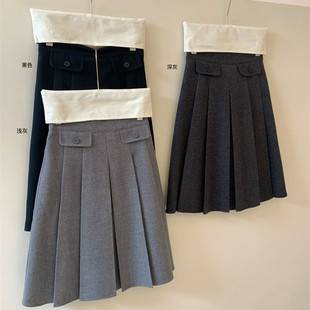 Versatile and stylish 2026 Korean-style preppy high-waisted pleated midi skirt