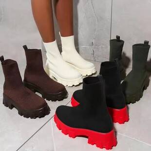 Cross-Border Foreign Trade Women's Fly-Knit Sports Ankle Boots, New Autumn and Winter Style, Independent Brand Women's Boots, Large Size Slip-On Sock Boots