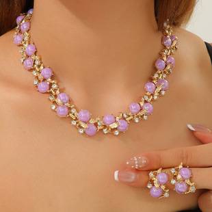 Vintage necklace, short, round, teardrop-shaped, with diamond-studded floral design, clavicle chain, elaborate, retro, European and American style, bridal set
