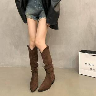 2026 New Suede Retro Western Cowboy Boots for Women, Chunky Heel Pointed Toe Slouch Boots, Slimming Long Boots, Maillard