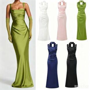 French-Style Satin Dress, Halter Neck, Square Collar, Ruched Waist, Slimming, Bodycon, Mermaid Dress, Available in Multiple Colors, Wholesale
