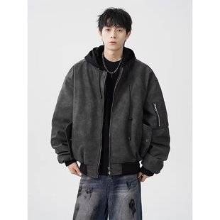 Autumn and winter faux two-piece leather jacket for men, cotton-padded aviator jacket, men's stylish cardigan with hood