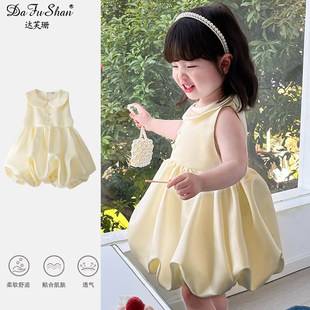 2025 New Style Girls' Cream Yellow Princess Dress Summer Doll Collar Dress Baby Birthday Dress