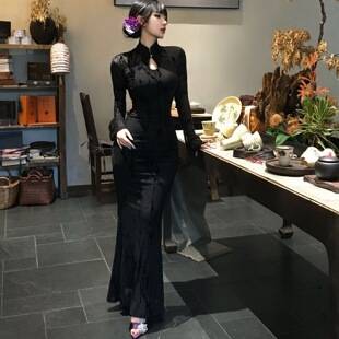 Black modified cheongsam for women, long-sleeved, waist-cinching, slit long skirt, Chinese style, retro, sexy, hip-hugging dress