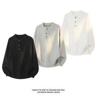 American retro old money style Henry collar sweater for men, trendy loose casual long-sleeve knitwear for spring and autumn