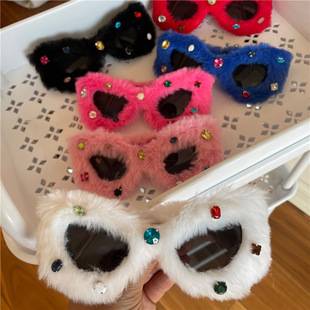 Yu Shuxin's Same Style Furry Glasses Birthday Funny Plush Glasses Christmas Triangle White Cat Ear Sunglasses with Diamond Style