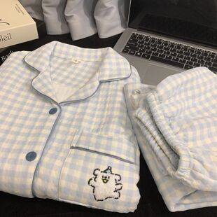 Cartoon Plaid Autumn and Winter Air Cotton Pajamas for Women, Thickened Warm Layered Long-Sleeve Set, Student Outerwear, Home Wear