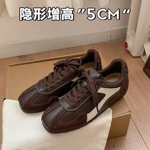 5cm Height Increase~Color-Blocked Hidden Heel Ballet Trainers for Women 2026 New Retro Brown Coffee Color Gump-Style Sneakers