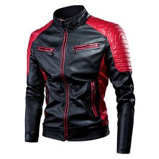 In-Stock Cross-Border Trade Autumn and Winter Casual Biker Patchwork Leather Jacket for Men, Fashionable Stand Collar Retro Warm Leather Jacket