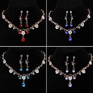 Cross-Border Bridal Alloy Flower Necklace Earrings Jewelry Set Wedding Dress Crystal Rhinestone Accessories Jewelry Light Luxury