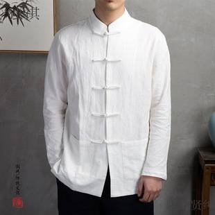 Autumn Chinese Style Button Linen Shirt Men's Loose Long Sleeve Cotton Linen Top Chinese Style Men's Retro Style Shirt