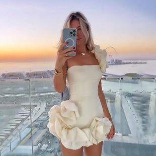 Summer New Cross-Border European and American Clothing Dress Ruffled Bud Waist Dress One-Shoulder Tube Top Hip Skirt