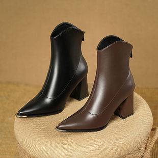 Women's High-Heeled Fashion Boots, Women's Martin Boots, Versatile Autumn and Winter Pointed Toe Short Boots, Women's Thick Heels, New Style Winter
