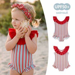 Girls' summer new style ins-style striped baby swimsuit, quick-dry one-piece lace children's swimsuit