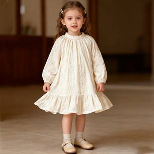 Girls Dress Korean Style Spring and Autum New Pure Color Long-Sleeved Baby Girl Embroidered Skirt Kidsren's Princess Dress Kidsren's Clothing