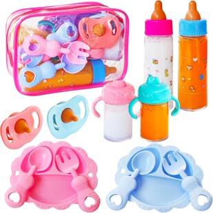 Cross-Border Pretend Play Simulation Doll Magic Feeding Bottle with Plate, Knife, Fork, Saliva Towel, Diaper Set Manufacturer Wholesale