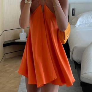In Stock European and American cross-border popular sexy deep V-neck backless strap loose A- line dress