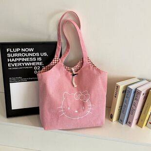 Large Corduroy Embroidered Shoulder Bag with Large Capacity, Cartoon Horn Buckle, Fashionable Student French-Style Tote Bag for Women