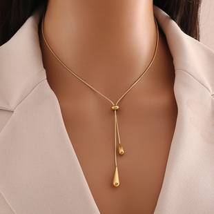 European and American Cross-Border New Style, Stylish, Simple, Water Drop Pendant, Titanium Steel Necklace, Women's Long Pull-Out Exquisite Jewelry